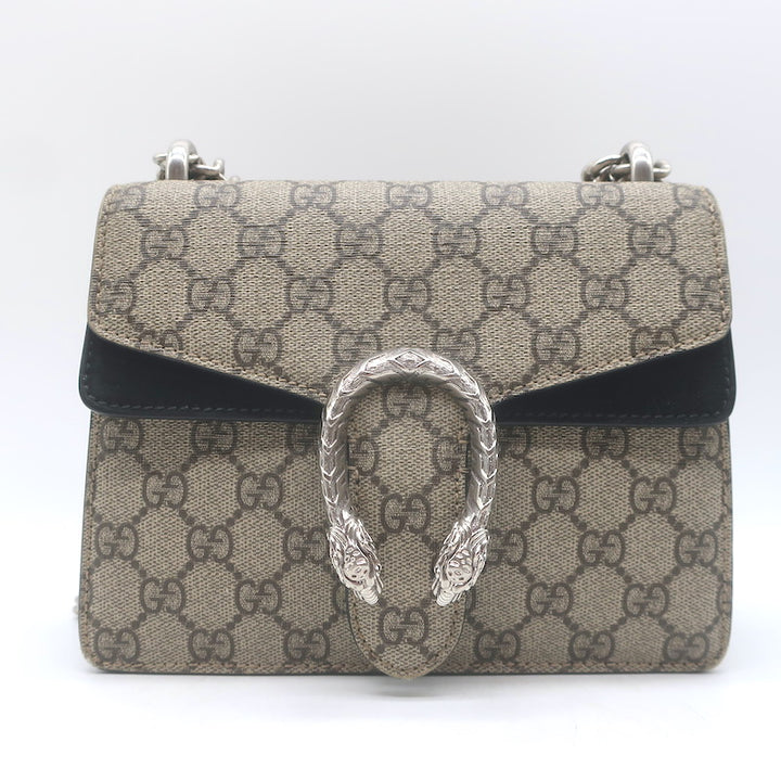Gucci GG Supreme Mini Dionysus Shoulder Bag Beige Canvas &amp; Black Suede Crossbody