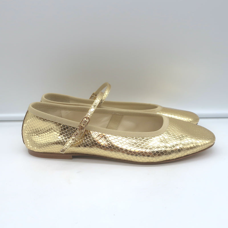 Celine Les Ballerines Mary Jane Flats Gold Metallic Snake-Print Leather Size 40