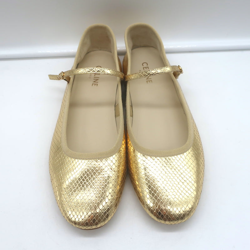 Celine Les Ballerines Mary Jane Flats Gold Metallic Snake-Print Leather Size 40