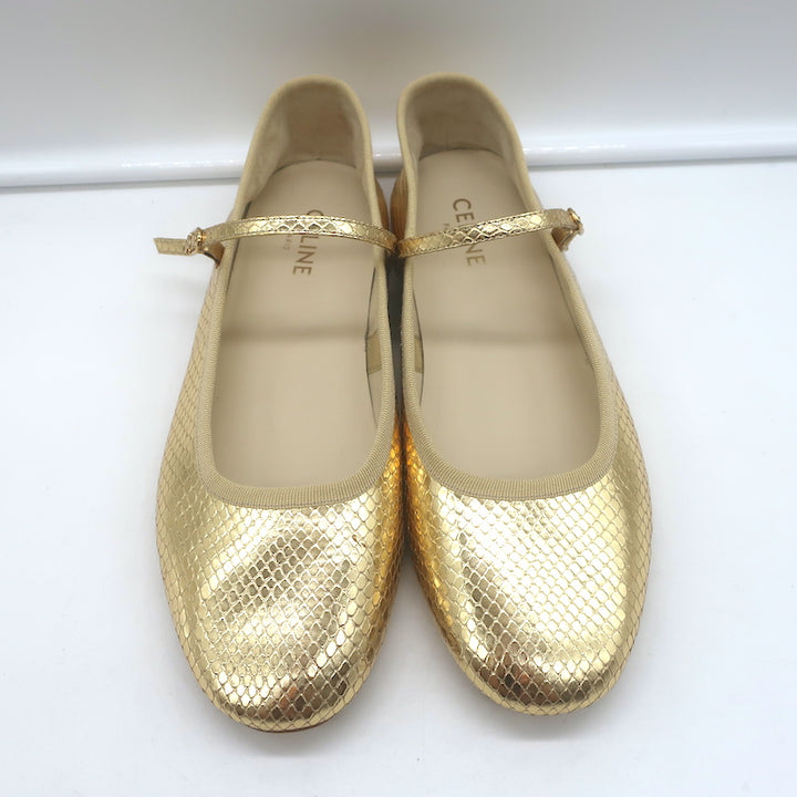 Celine Les Ballerines Mary Jane Flats Gold Metallic Snake-Print Leather Size 40