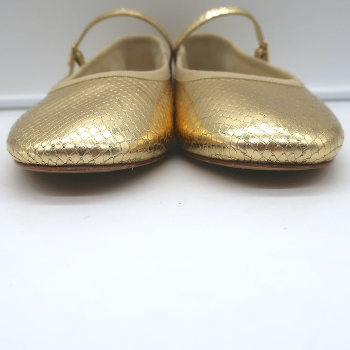 Celine Les Ballerines Mary Jane Flats Gold Metallic Snake-Print Leather Size 40