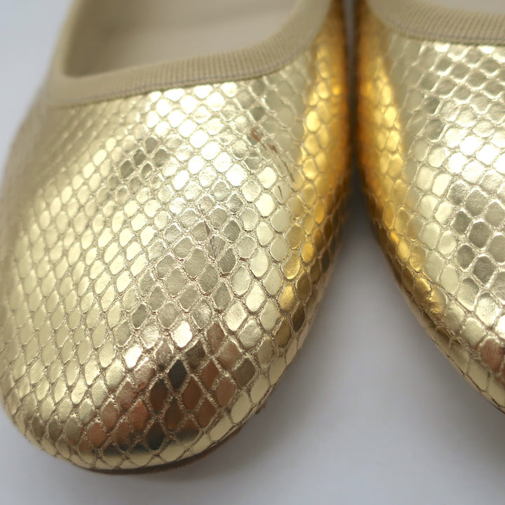 Celine Les Ballerines Mary Jane Flats Gold Metallic Snake-Print Leather Size 40