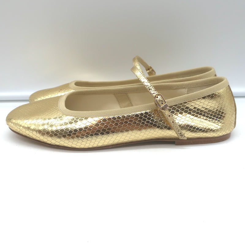 Celine Les Ballerines Mary Jane Flats Gold Metallic Snake-Print Leather Size 40