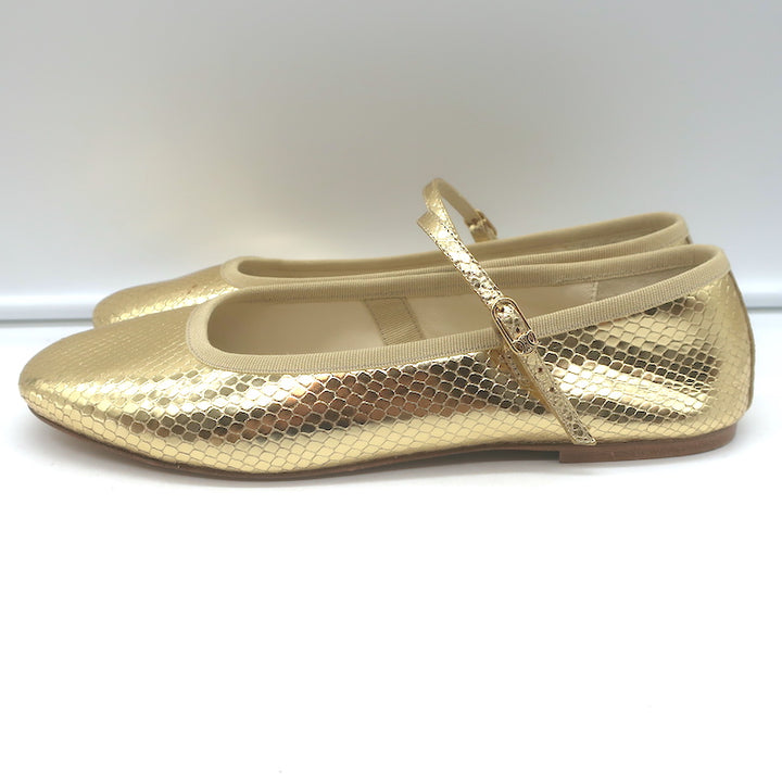 Celine Les Ballerines Mary Jane Flats Gold Metallic Snake-Print Leather Size 40