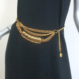 Vintage Chanel Quilted Logo Plate Double Chain Coin Belt Gold