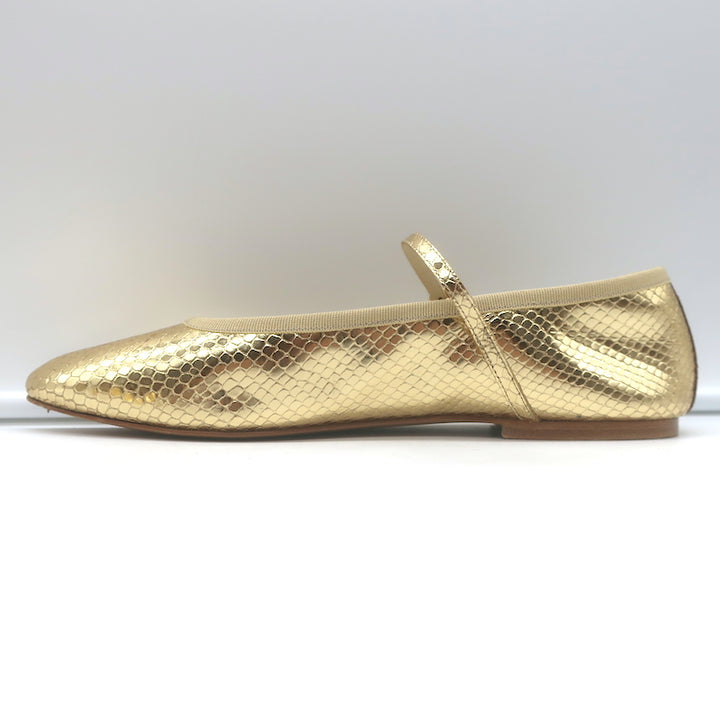 Celine Les Ballerines Mary Jane Flats Gold Metallic Snake-Print Leather Size 40