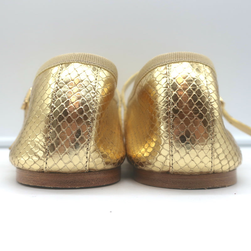 Celine Les Ballerines Mary Jane Flats Gold Metallic Snake-Print Leather Size 40