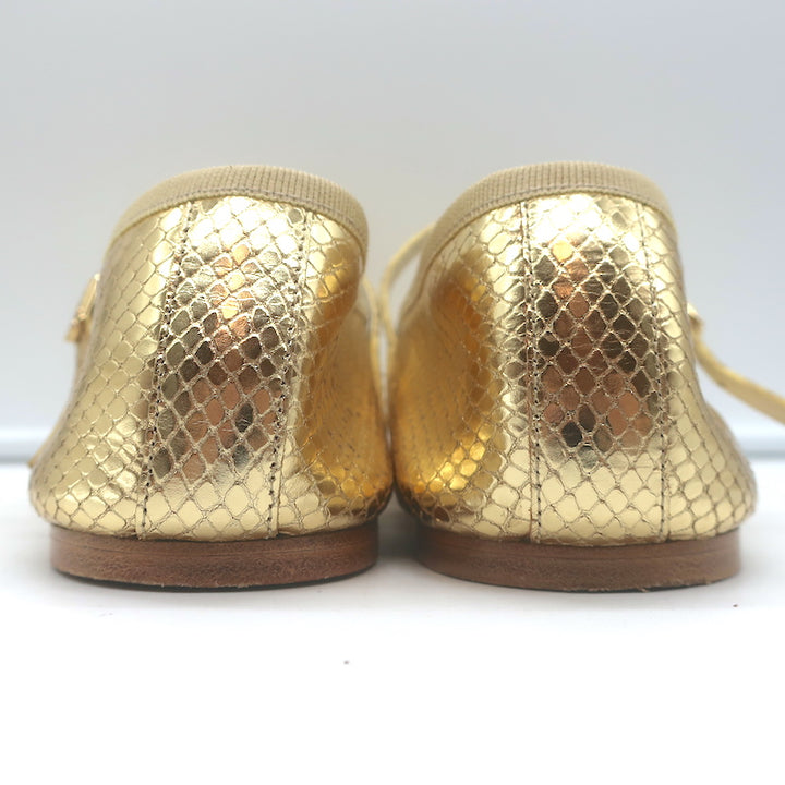 Celine Les Ballerines Mary Jane Flats Gold Metallic Snake-Print Leather Size 40