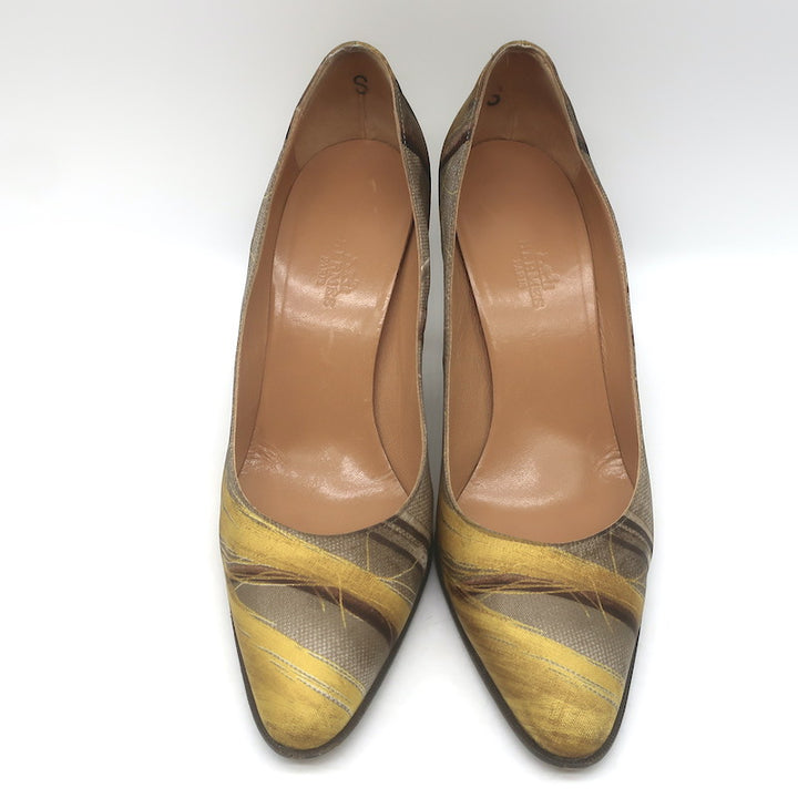 Hermes Lux 95 Printed Satin Pointed Toe Pumps Beige Size 38
