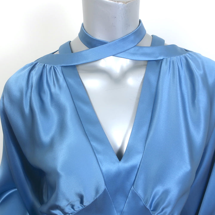Fete Imperiale Crisscross Neck Dress Blue Satin Size 36 Long Sleeve Midi NEW