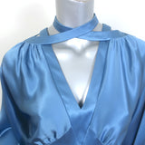Fete Imperiale Crisscross Neck Dress Blue Satin Size 36 Long Sleeve Midi NEW