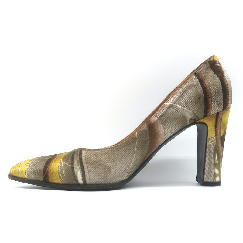 Hermes Lux 95 Printed Satin Pointed Toe Pumps Beige Size 38