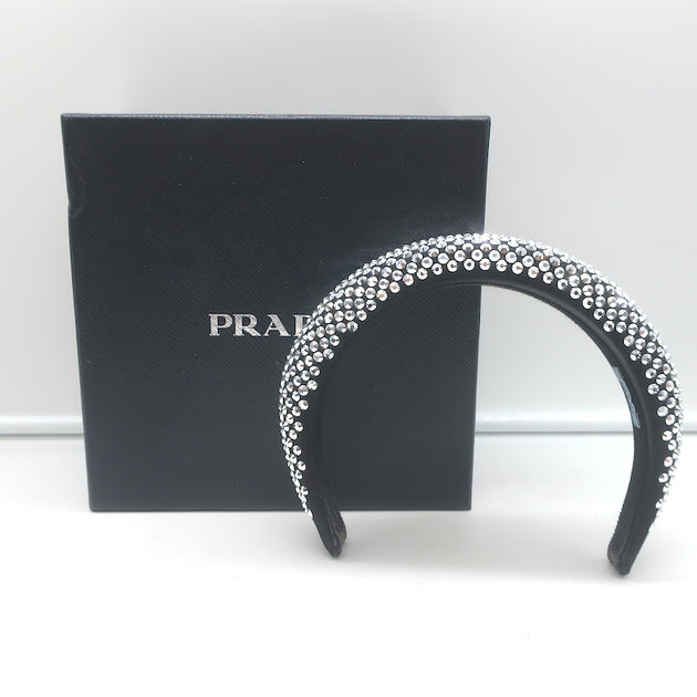 Real Prada Chic Black and Green Gemstone Headband Prada Crystal-Embellished Wide Headband Black Satin  main image 2