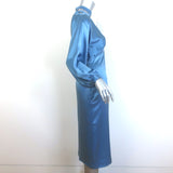 Fete Imperiale Crisscross Neck Dress Blue Satin Size 36 Long Sleeve Midi NEW