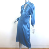 Fete Imperiale Crisscross Neck Dress Blue Satin Size 36 Long Sleeve Midi NEW