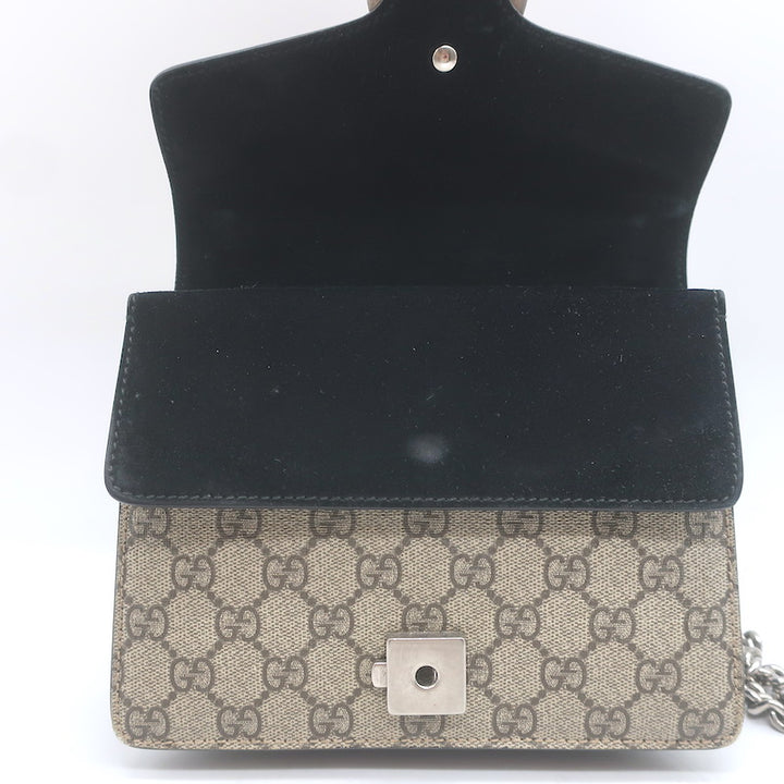 Gucci GG Supreme Mini Dionysus Shoulder Bag Beige Canvas &amp; Black Suede Crossbody