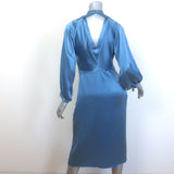 Fete Imperiale Crisscross Neck Dress Blue Satin Size 36 Long Sleeve Midi NEW