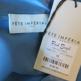 Fete Imperiale Crisscross Neck Dress Blue Satin Size 36 Long Sleeve Midi NEW