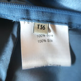 Fete Imperiale Crisscross Neck Dress Blue Satin Size 36 Long Sleeve Midi NEW