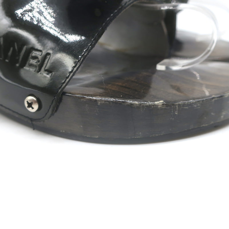 Vintage Chanel 04P Lacquered Wood CC Clog Sandals Black Patent Leather Size 39