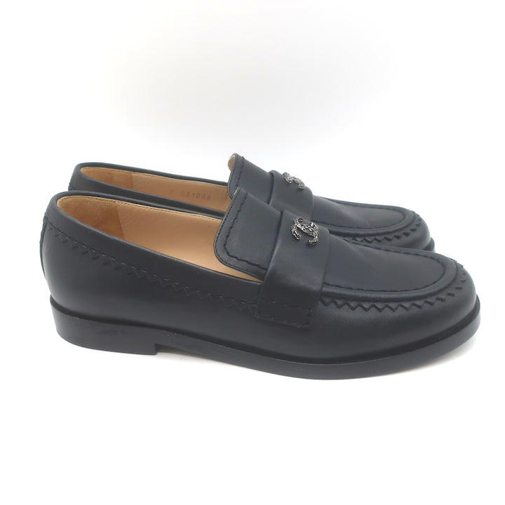 Chanel CC Zigzag Stitched Loafers Black Leather Size 37
