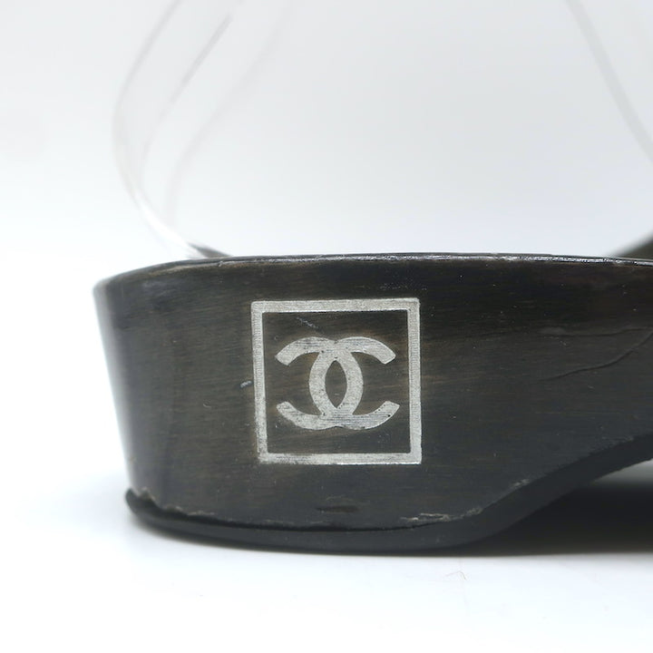Vintage Chanel 04P Lacquered Wood CC Clog Sandals Black Patent Leather Size 39