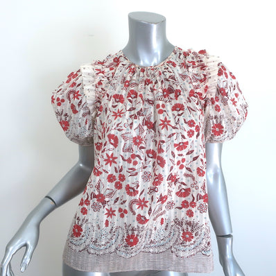 Ulla Johnson Arbor Ruffled Puff Sleeve Top Cream Floral Print Cotton Size 2