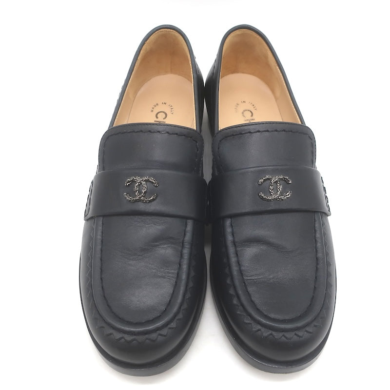 Chanel CC Zigzag Stitched Loafers Black Leather Size 37