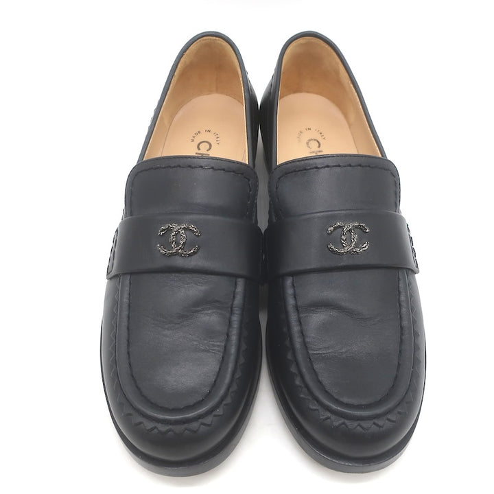 Chanel CC Zigzag Stitched Loafers Black Leather Size 37