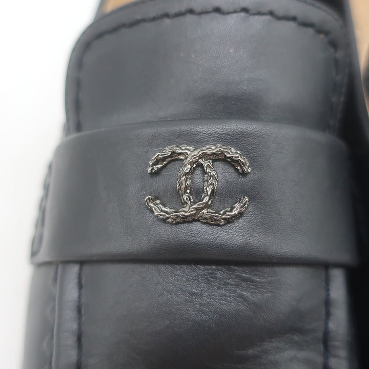 Chanel CC Zigzag Stitched Loafers Black Leather Size 37