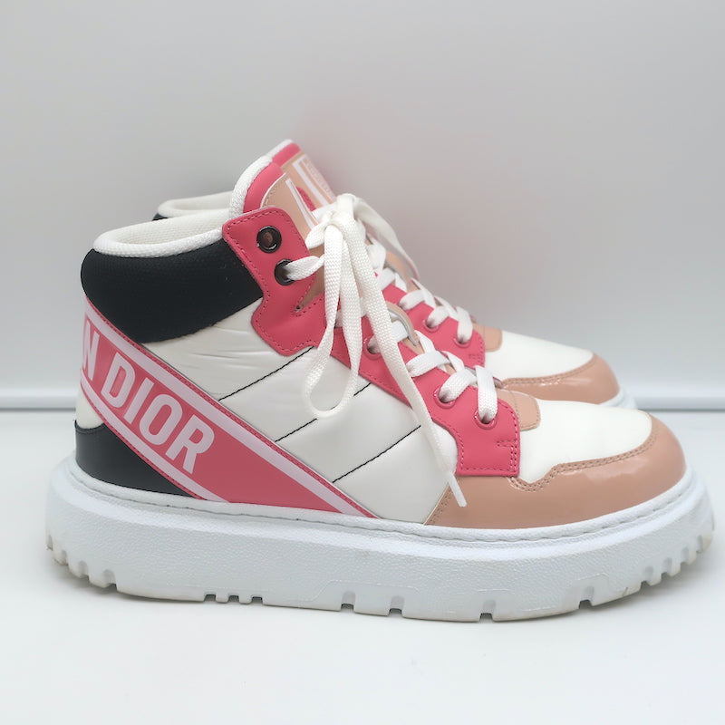 Christian Dior D-Player Sneakers White Quilted Nylon &amp; Pink Patent Size 38