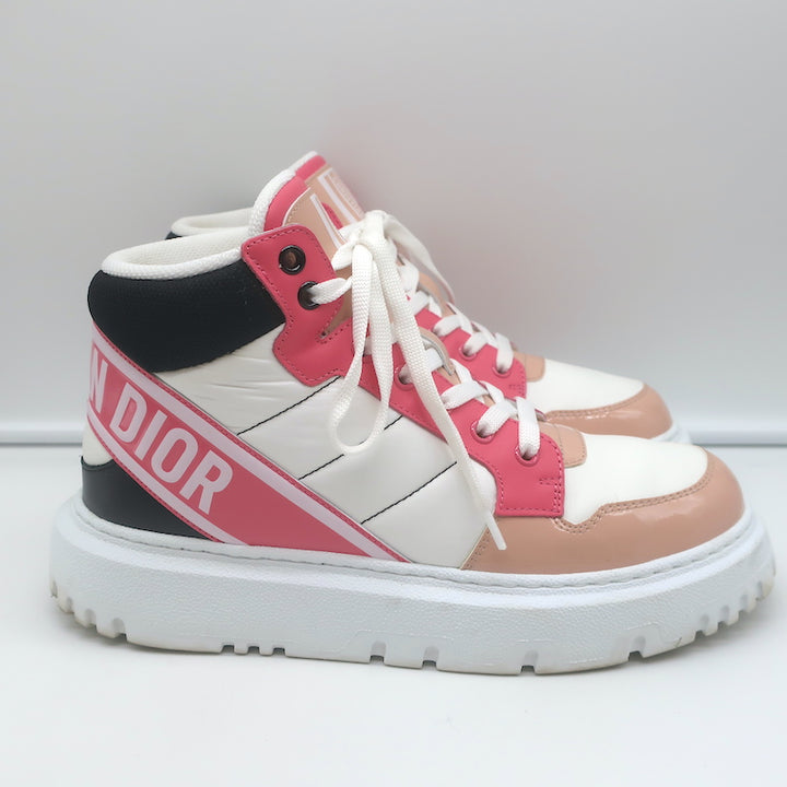 Christian Dior D-Player Sneakers White Quilted Nylon &amp; Pink Patent Size 38