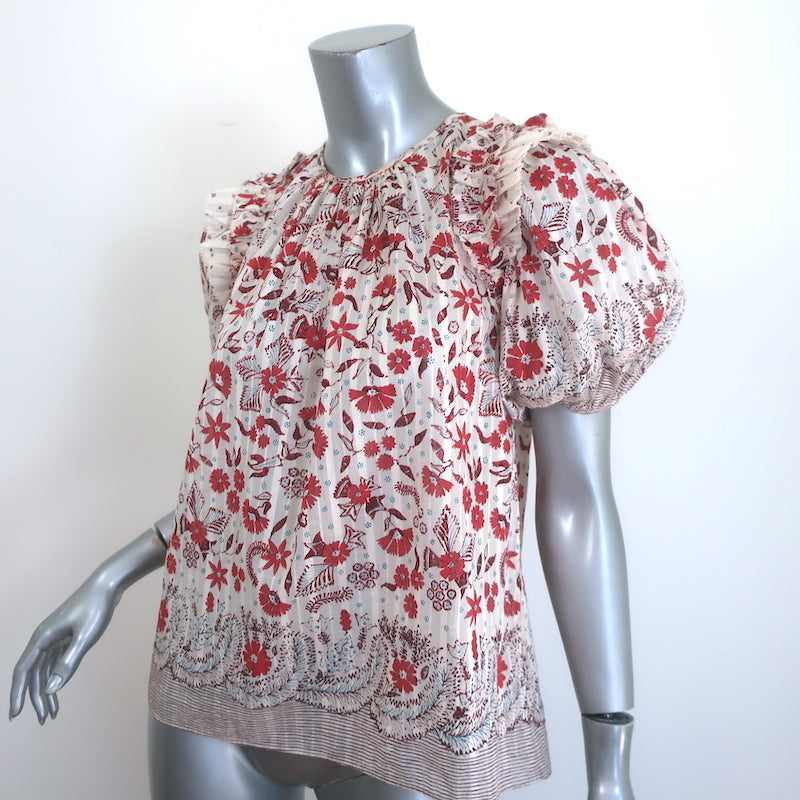 Ulla Johnson Arbor Ruffled Puff Sleeve Top Cream Floral Print Cotton Size 2