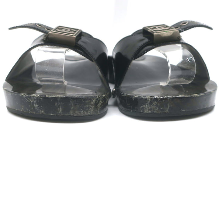 Vintage Chanel 04P Lacquered Wood CC Clog Sandals Black Patent Leather Size 39