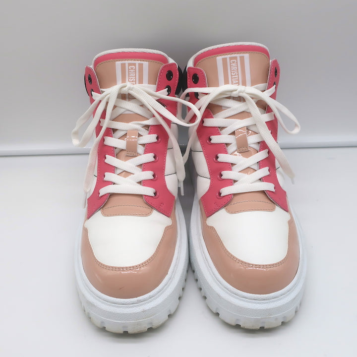Christian Dior D-Player Sneakers White Quilted Nylon &amp; Pink Patent Size 38