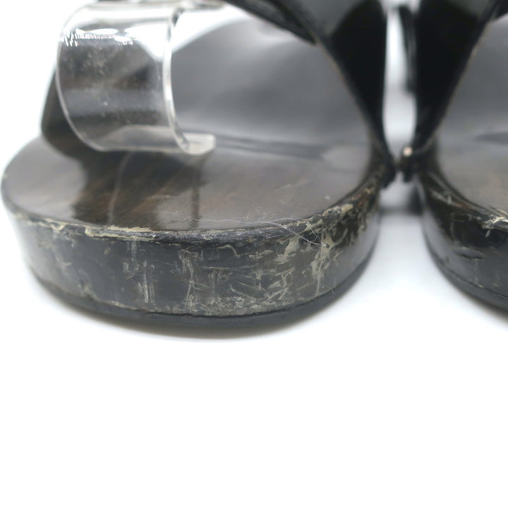 Vintage Chanel 04P Lacquered Wood CC Clog Sandals Black Patent Leather Size 39