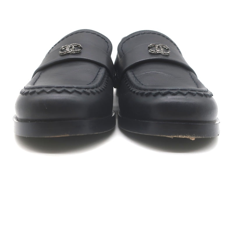 Chanel CC Zigzag Stitched Loafers Black Leather Size 37