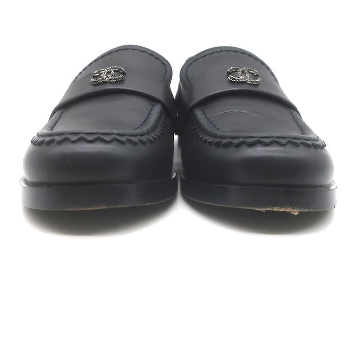 Chanel CC Zigzag Stitched Loafers Black Leather Size 37