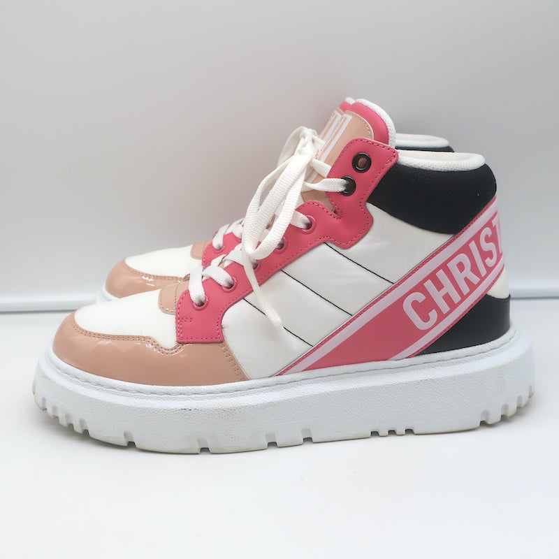 Christian Dior D-Player Sneakers White Quilted Nylon &amp; Pink Patent Size 38