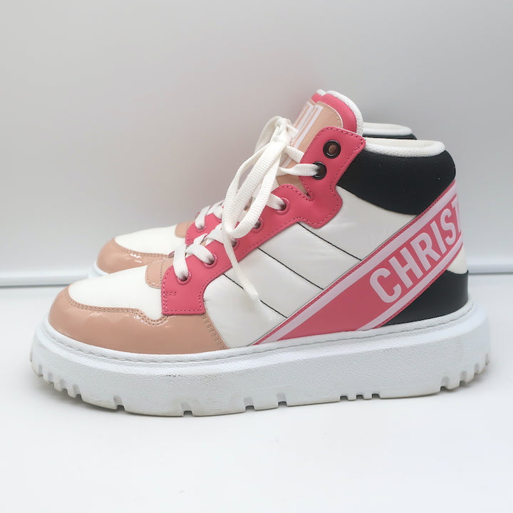 Christian Dior D-Player Sneakers White Quilted Nylon &amp; Pink Patent Size 38