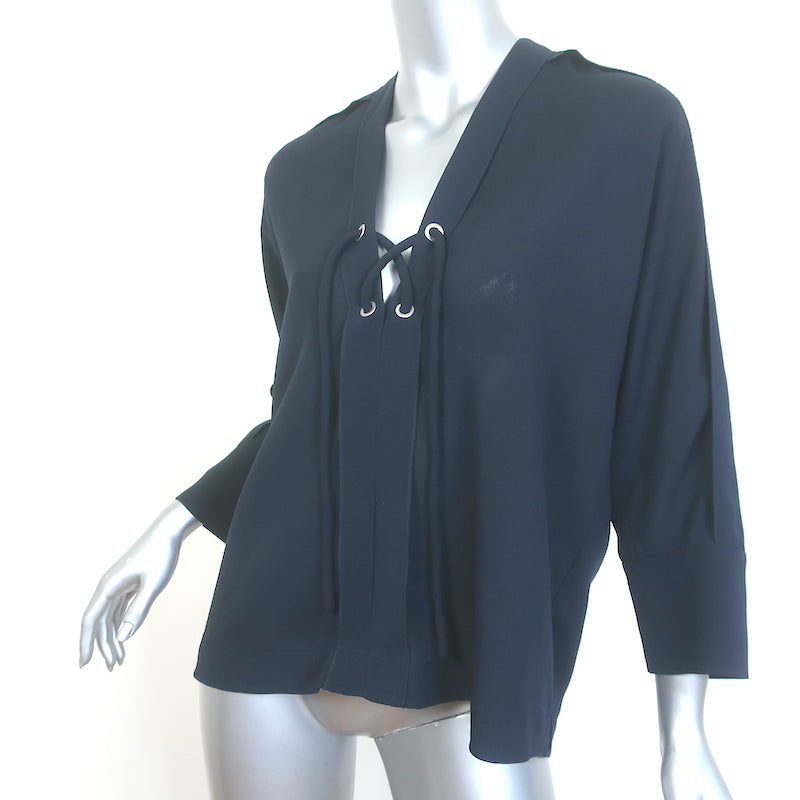 IRO Alis Lace-Up Blouse Navy Crepe Size 34 V-Neck Top