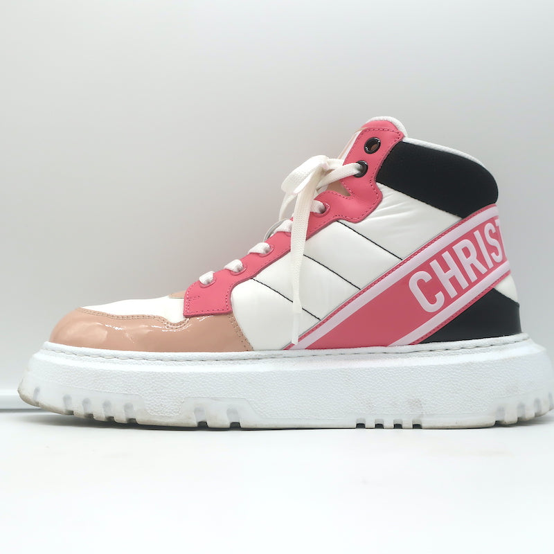 Christian Dior D-Player Sneakers White Quilted Nylon &amp; Pink Patent Size 38