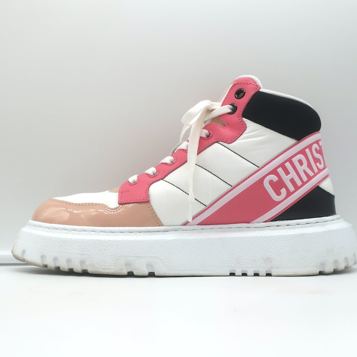 Christian Dior D-Player Sneakers White Quilted Nylon &amp; Pink Patent Size 38