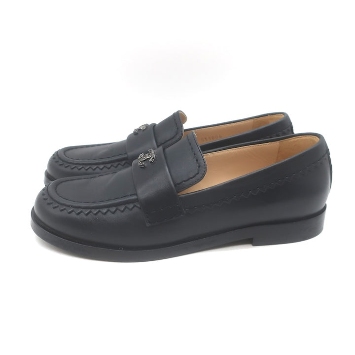 Chanel CC Zigzag Stitched Loafers Black Leather Size 37