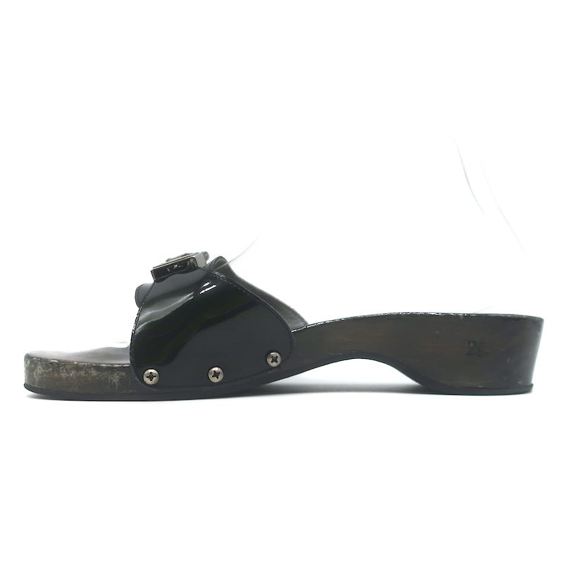 Vintage Chanel 04P Lacquered Wood CC Clog Sandals Black Patent Leather Size 39