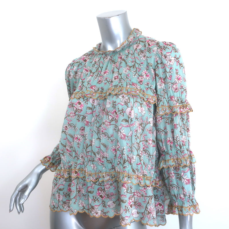 Isabel Marant Etoile Moxley Embroidered Ruffle Top Blue Floral Print Size 36