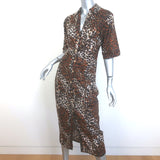 Veronica Beard Seki Leopard Midi Shirt Dress Brown Ruched Linen Size 2