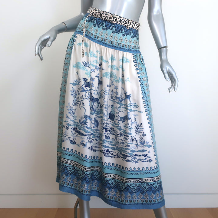 Saloni Zawe Belted Midi Skirt Porcelain Safari Print Silk Twill Size US 2