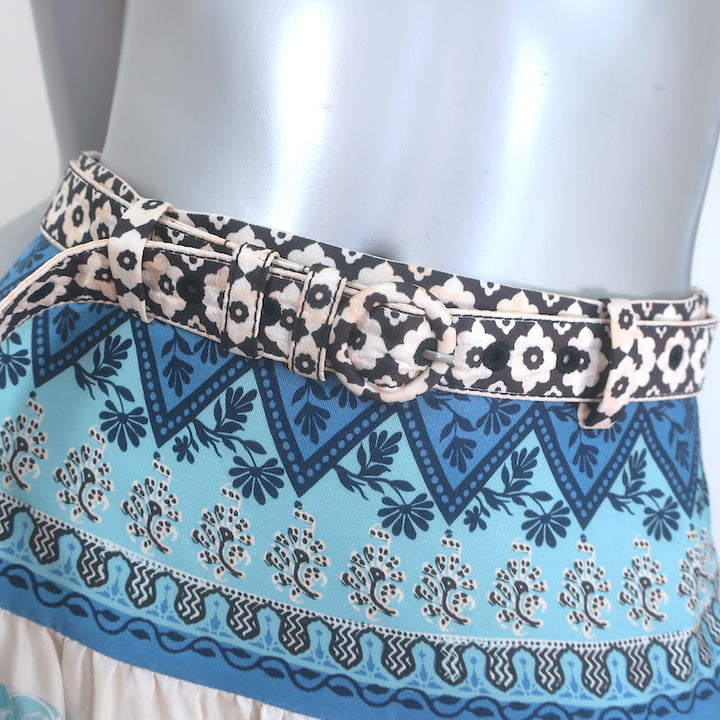 Saloni Zawe Belted Midi Skirt Porcelain Safari Print Silk Twill Size US 2