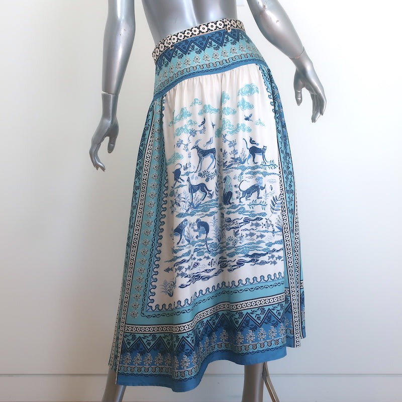 Saloni Zawe Belted Midi Skirt Porcelain Safari Print Silk Twill Size US 2
